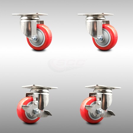 Service Caster 3.5 Inch 316SS Red Polyurethane Wheel Swivel Top Plate Caster Brakes SCC, 2PK SCC-SS31620S3514-PPUB-RED-2-TLB-2
